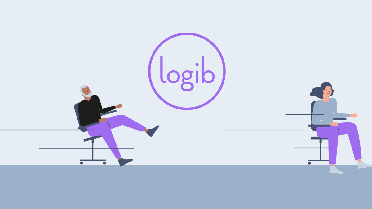 Logib Erklärvideo Startbild: Illustration von einem Mann und einer Frau auf Bürostühlen mit Logib Logo.
